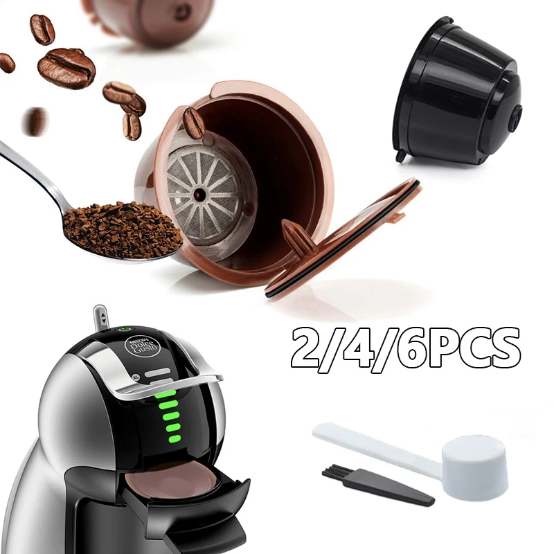 Reusable Coffee Filters Set Refillable Coffee Capsules Pods for Dolce Gusto Coffee Maker with Spoon and Cleaning Brush 2/4/6 PCS