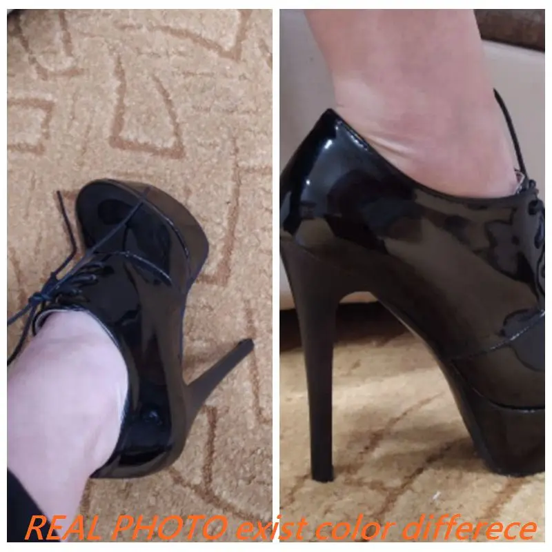 REAVE CAT Pumps Round Toe 13cm Thin high Heels Patent Leather Lace up Cross-tied Platforms 33-45 A2874