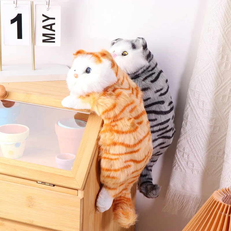 Realistic Furry Hanging Cat Simulation Plush Cat Doll Cabinet Hanging Cat Animal Figurines Model Plush Doll Ornament Home Decor