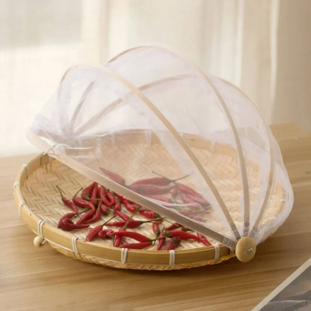 

Handmade Woven Fruit Vegetable Basket With Mosquito Proof Net Round Dustproof Wicker Picnic Tray Food Bread Dishes With Cover