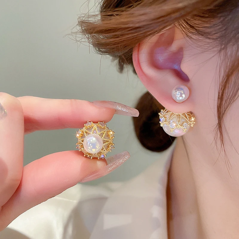 Rhinestone Imitation Pearl Drop Earrings Korean Temperament Double-Sided Earrings Fashion Elegant Design Ear Jewelry