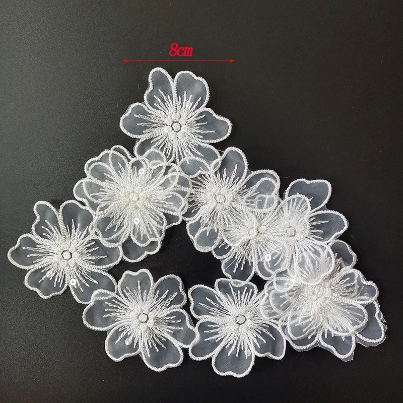 30Pcs Sequined Lace 3D White Flower Patches 8cm Appliqued DIY Craft Sewing Sew-On Wedding Dress Women\'s Party Clothes Decoration