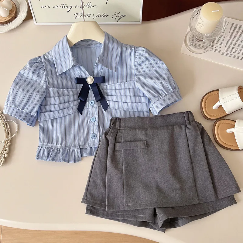 Girls' College Suit Summer2024New Children's Little Girl Short Sleeve Shirt Skirt Two-Piece Culottes Fashion