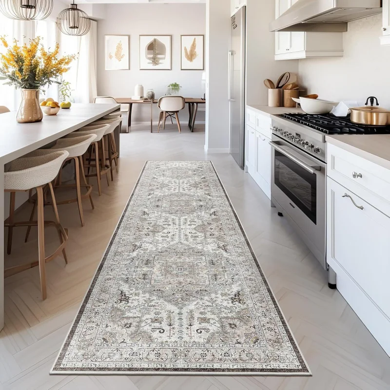 VIKAMA Bohemian Distressed Medallion Runner Rug Non-Slip Stain Resistant Floor Mat for Farmhouse Hallway Decor