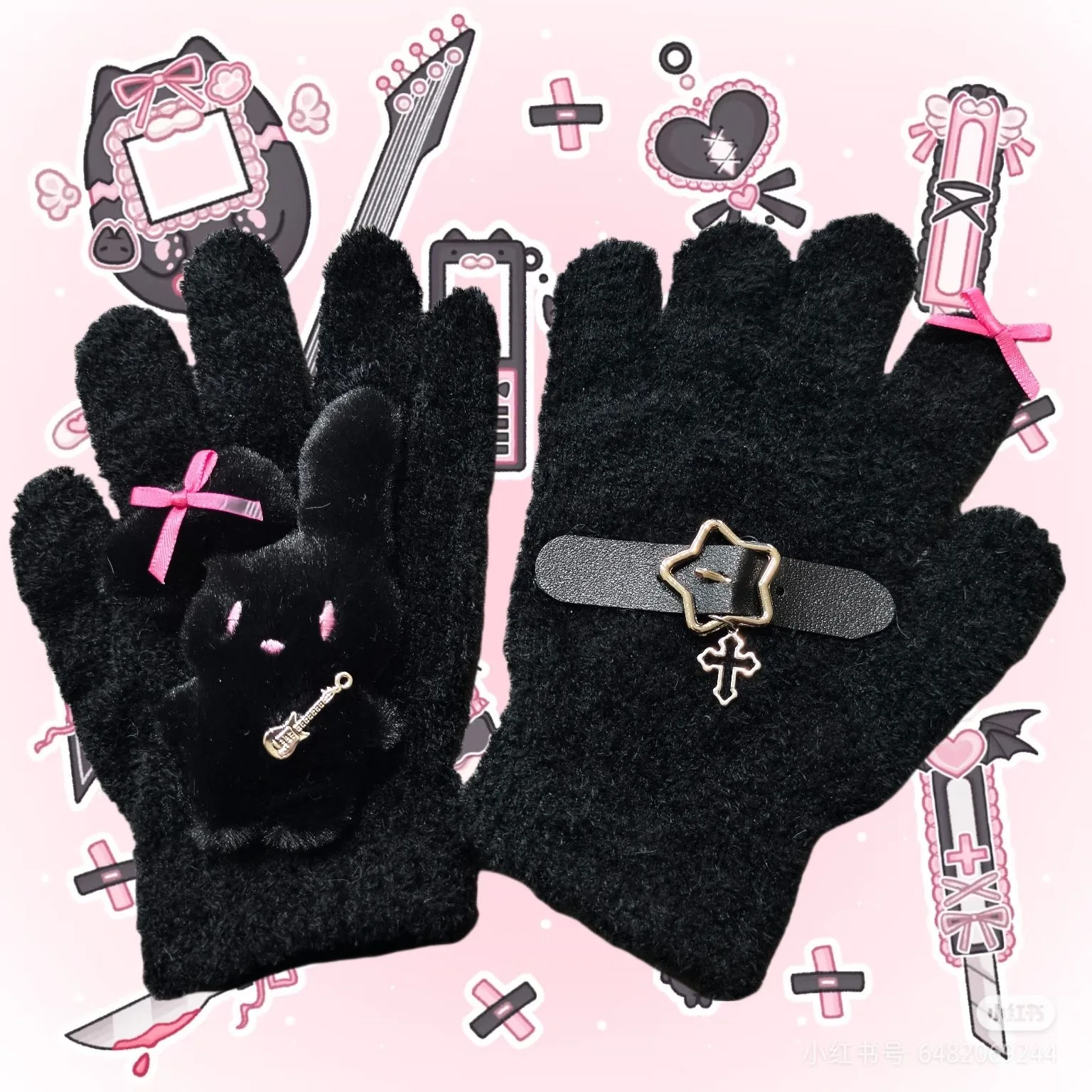 Lolita Winter Warm Knitted Full Finger Gloves Women's Subculture Rabbit Lace Bow Guitar Cross Gloves Lady Thickened Mittens Warm