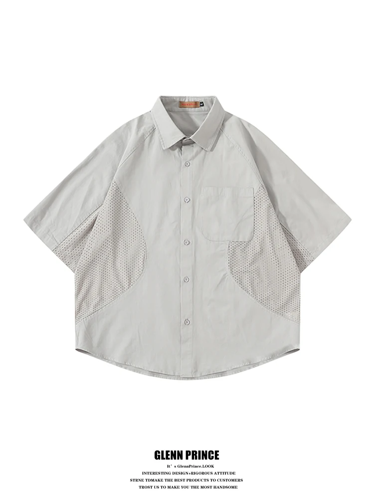 

Мужская рубашка GPstudio с коротким рукавом в стиле ретро, с сетчатыми вставками, дышащая, для лета, для активного отдыха, свободного кроя, молодежная мода