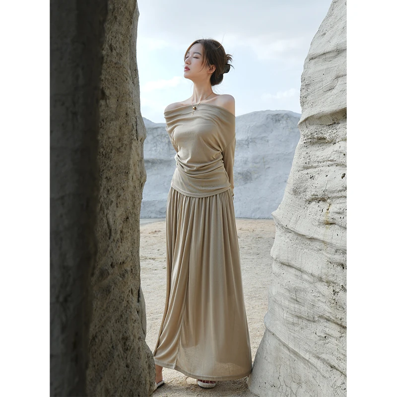 

SerioLudere ey Brown Loose High Waist Long f Skirt Set Covering Meat Slimming Top And Bot Faionable Women's Ensemble