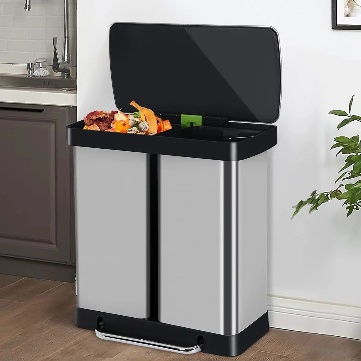 

Kitchen Trash Can Stainless Steel Dual Trash Can with Lid & Double Barrel, High-Capacity Step Garbage Can