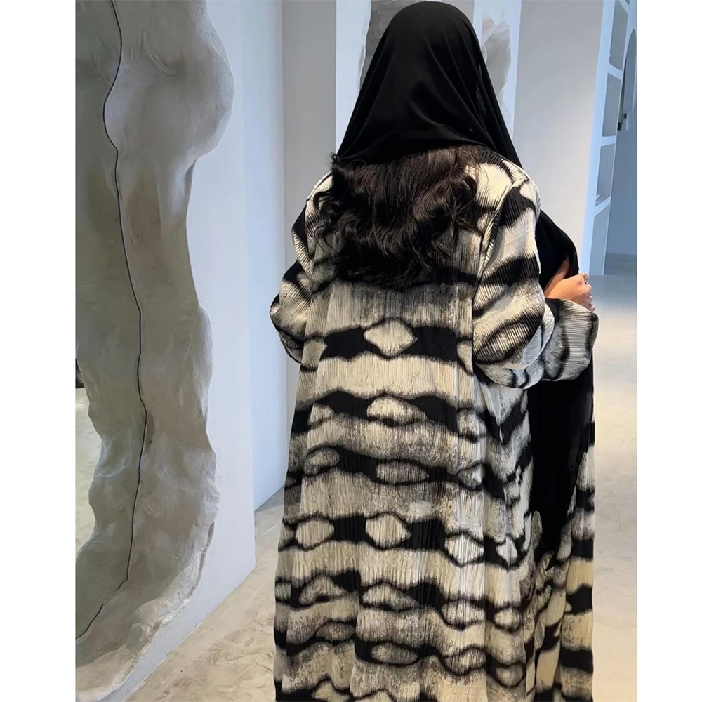 Dubai Printed Pleated Abayas for Women 2025 Eid Ramadan Kimono Cardigan Muslim Dress Marocain Kaftan Islamic Jalabiya Robe Gown