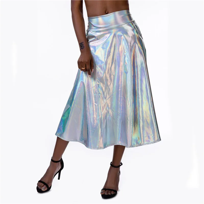 Summer Sexy Sparkle Pu Holographic A-line Skirts Pocket Music Festival Women Gradient Color Slim Long Skirt Streetwear Harajuku