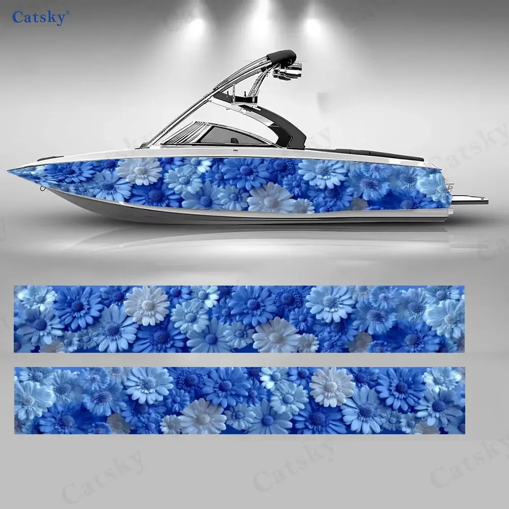 2Pcs Gradient Blue Floral Cluster Boat Stickers, PVC Waterproof Vinyl Wrap Decals for Fishing Boats, Durable and Stylish Design