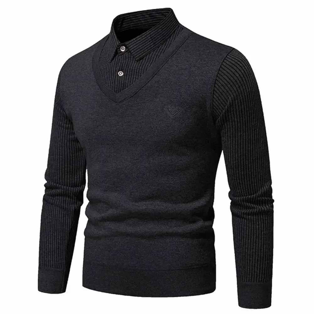 Men Sweater Fake Two-piece Long Sleeve Lapel Buttons Striped Knitted Sweater Slim Fit Soft Warm Pullover Men Matching Sweater