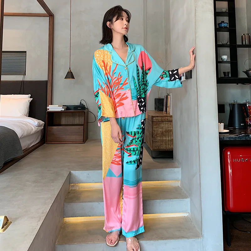 Spring New Style Satin Sleepwear for Women Long Sleeve Pajama Set Green Flower Printed Ice Silk Pajamas Pants Suit