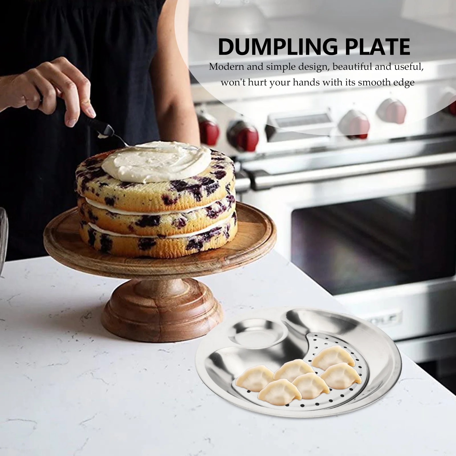 

28Cm Stainless Steel Dumpling Plate Dipping Saucer Double Layer Drain Serving Dish For Fruit Dessert Snacks Modern Non