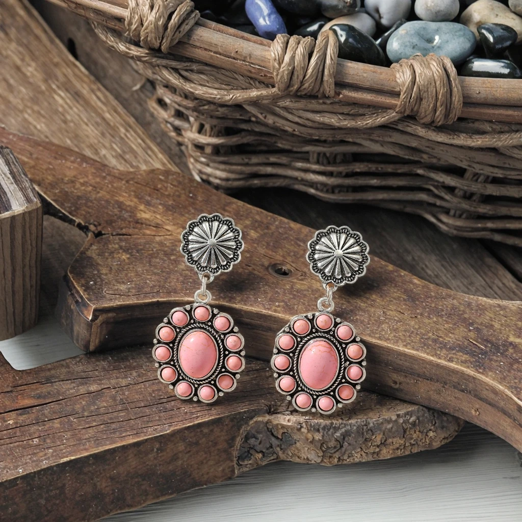 Pink Turquoise Earrings for Women Coral Western Dangle Earrings with Concho Stone - Turquoise Squash Blossom