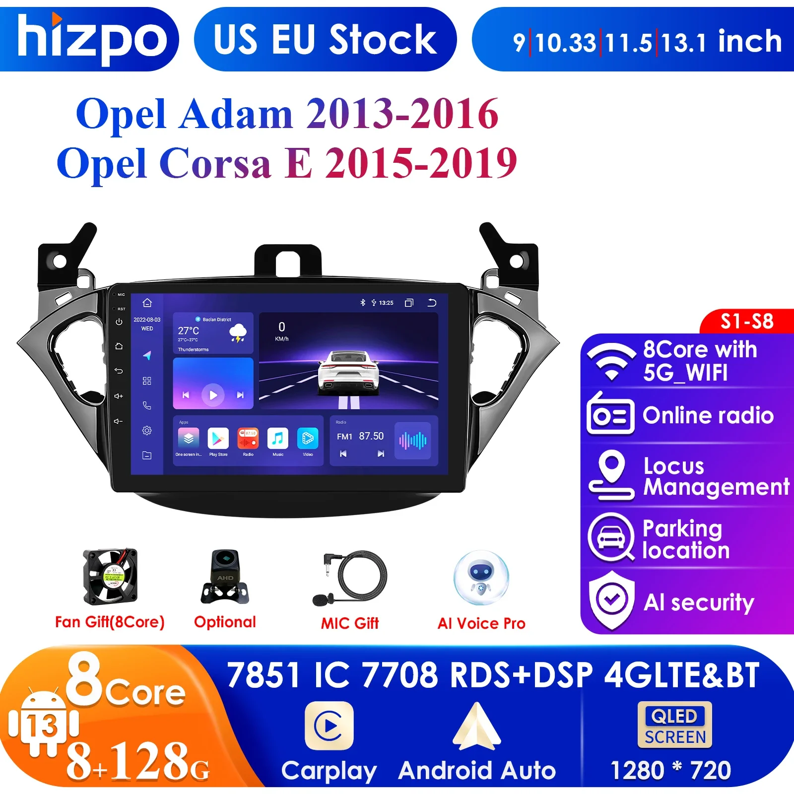 Hizpo 9'' Carplay 4G 2 Din Android 13 Car Radio for Opel Adam 2013 - 2016 Opel Corsa E Van 2015 - 2019 GPS DSP Autoradio RDS Cam