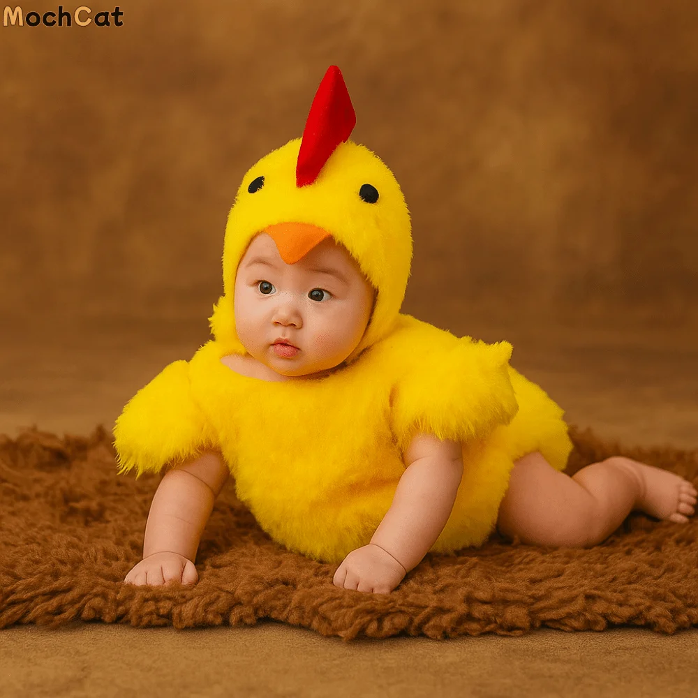 

Creative Chicken Baby Photography Suit Furry Romper Bodysuit Hat Set Infant Studioshoot Outfits Unisex Animals Cute Design