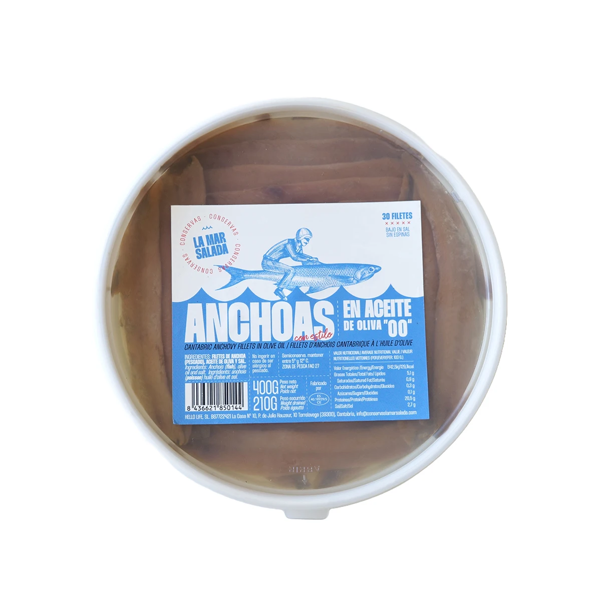 LA MAR SALADA Anchoa del Cantábrico, Elaborada en Santoña, en Aceite de Oliva, Tarrina de 400 grs de 30 Filetes / Calibre 00