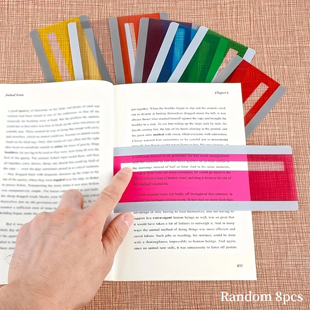 Random 8pcs Large Size Guided Reading Strips Highlight Overlays Multicolor Reading Tracking Rulers For Dyslexics Bookmarks