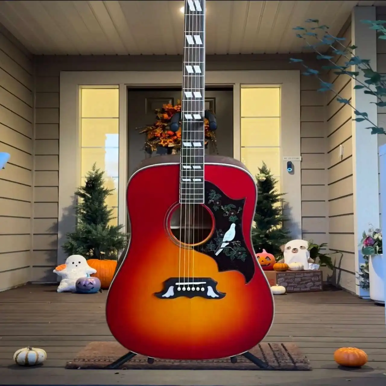 Dove Acoustic Guitar Sunburst Spruce Top Maple Back Sides Fixed Bridge Bright Treble Warm Midrange Tight Bass Stage Recording