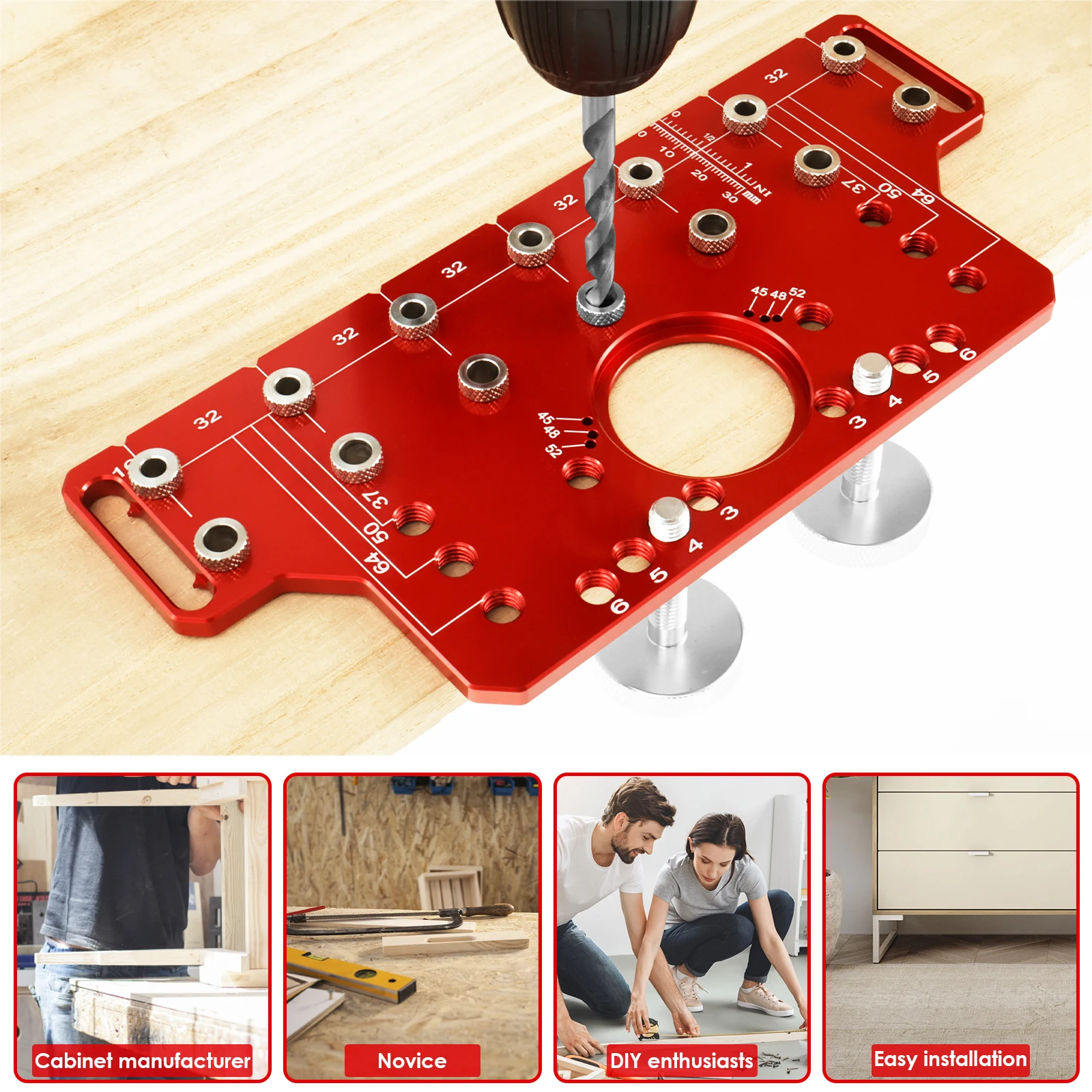 Shelf Pin Hinge Jig Aluminum Alloy Shelf Pin Drilling Guide Adjustable Cabinet Hole Drilling Template with Drill Bits All Metal