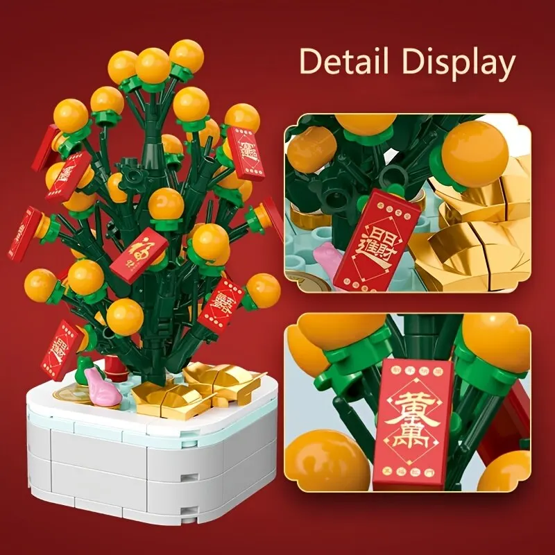 Children Happy New Year Creative Orange Tree Building Kit 222pcs ABS Plants Bouquet Bricks Set Festival Decoration