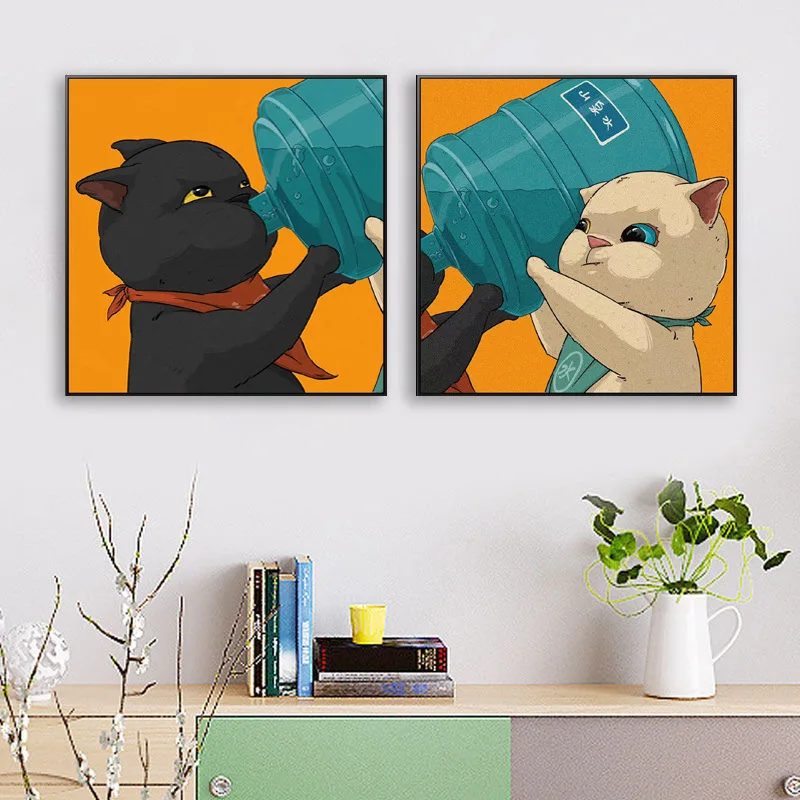 Kreative Cartoon-Paar-Avatar-Dekorationsmalerei, Niedliches Katzen-Poster für Schlafzimmer-Kopfteil & Wohnzimmer-Sofa-Hintergrundwand