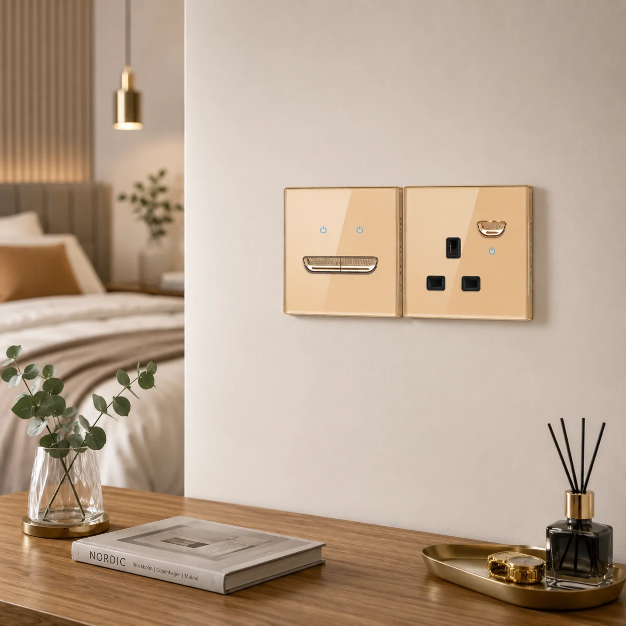 Gold Glass Panel Wall Switch LED Euro 16a Socket Retro Toggle Light Switch EU UK Standard 2way Socket 1-4gang Wall Power Outlet image 4