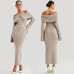 Luxury Fluffy Solid Knitted Off Shoulder Midi Dress Women 2024 Fall Winter Elegant Bodycon Flared Long Sleeve Sweater Long Dress