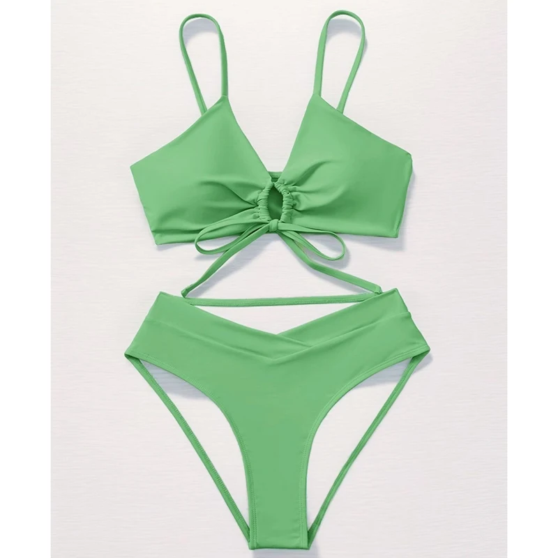 솔리드 수영복 여성 섹시 비키니 속이 비치는 레이스업 하이웨이스트 비키니 수영복 여름 2025 신상 패션 수영복 투피스 세트