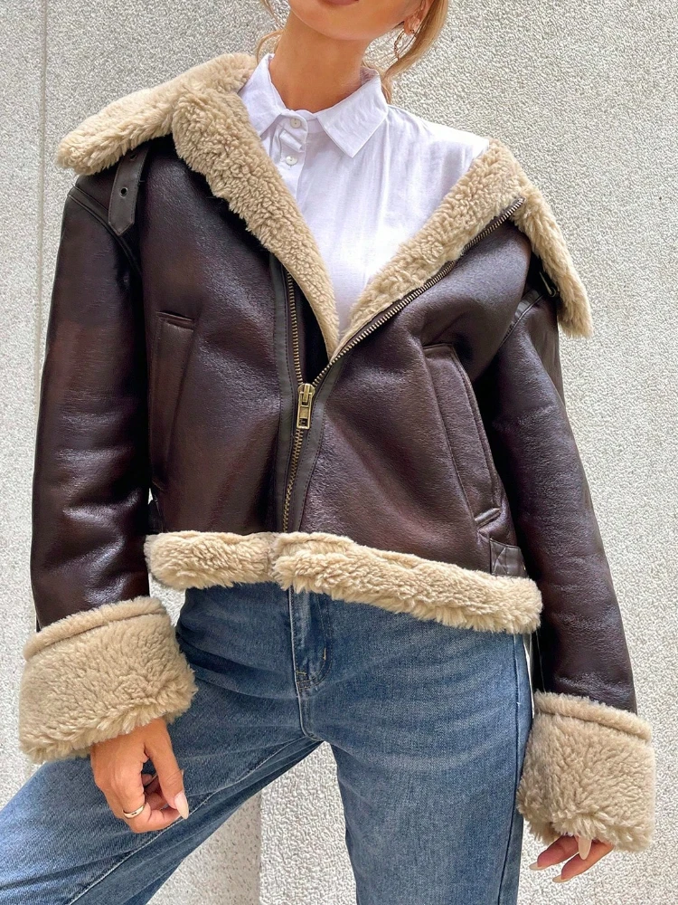 Fitaylor Winter Women Faux Fur Leather Jacket High Street Motorcycle Outwear Casual Lady Thick Warm Leather Jacket