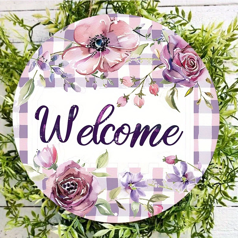 

Welcome Home Round Aluminum Sign, Durable and UV Protected, Perfect for Door or Wall Decor, Purple Floral Design, Bar Decoration