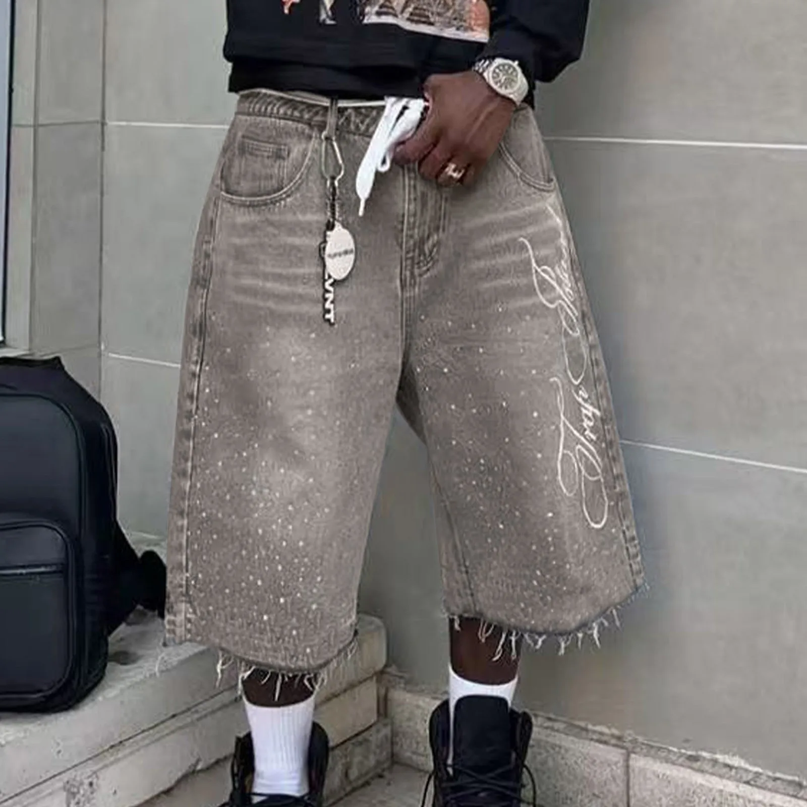 

American Copped Pants Vintage Washed High Street Denim Shorts New Streetwear Men Hip Hop Punk Low Waist Gym Shorts Streetwear