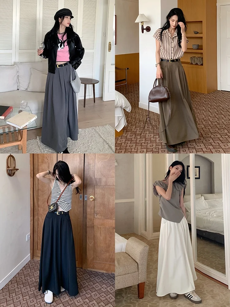 

Однотонная плиссированная юбка миди для женщин, осенняя новинка, свободная драпированная юбка А-силуэта, стройнящая, для офиса, в корейском стиле, с высокой талией