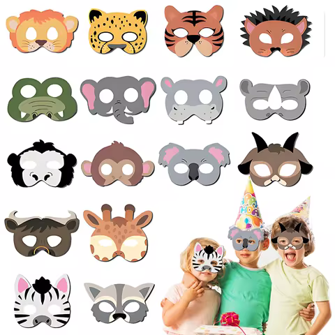16PCS Jungle Animal MaskCosplay Cartoon Animals Paper Party Masks Jungle Safari Theme Birthday Party Decor Game Dress Sasquerade
