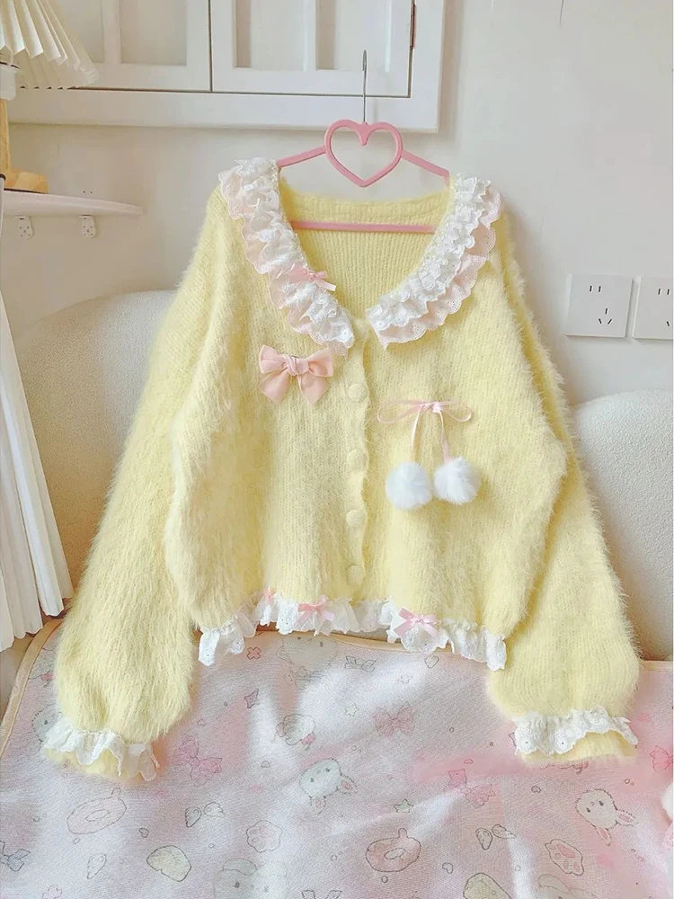Sweet Kawaii Knitted Cardigan Women Autumn Japanese Bow Fluff Ball Sweater Cute Soft Lace Patchwork V Neck Preppy Fashion Tops