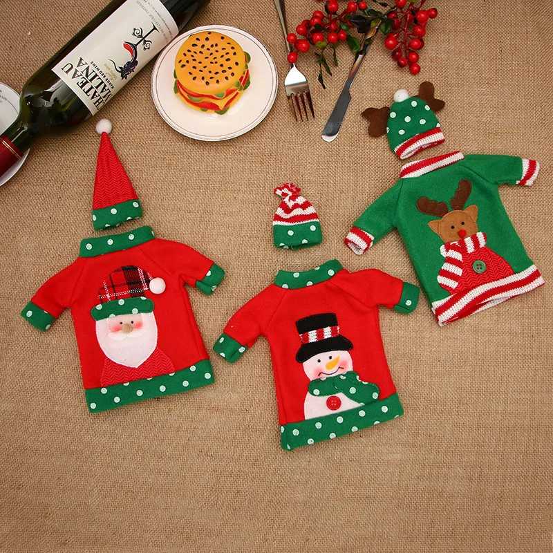 Cartoon Wine Bottle Set Christmas Decoration Wine Bottle Clothes Santa Claus Snowman Tableware Set Holiday Decoration Supplies