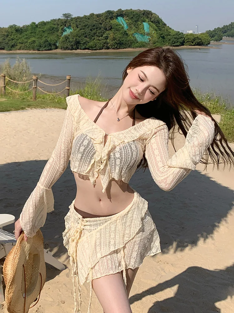 

Bikini Swimsuit Women2025New Style Two-Piece Four-Piece Set Lace Long Sleeve Slimming Hot Spring Beach Vacation