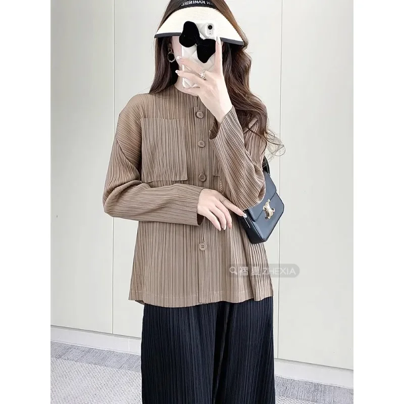 Miyake Pleated Jacket for Women, 2024 Autumn New High-end Versatile Long Sleeved Lightweight Sunscreen Cardigan Top for Women