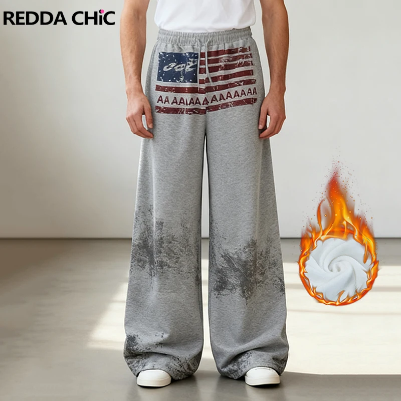 

REDDACHIC Parachute Sweatpants Pockets Print American Flag Letters Fleece Lined Elastic Waist Wide Leg Lounge Pants Men Clothes