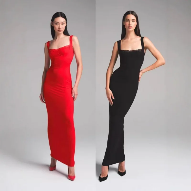 

KHY kylie the same Soft lounge lace solid color skinny sexy tight stretch fabric halter long dress woman