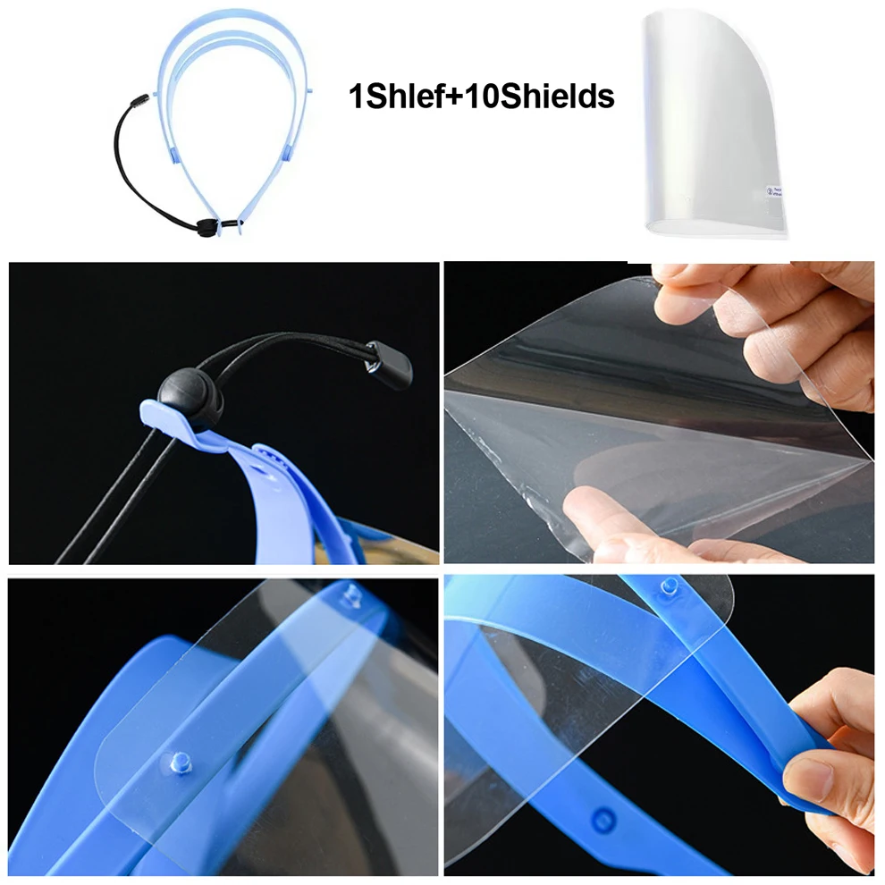 Dental Protective Face Dental Face Shield with Detachable Face Shield Anti-Fog Dustproof Replacement Covers 1 shelf + 10 Shields