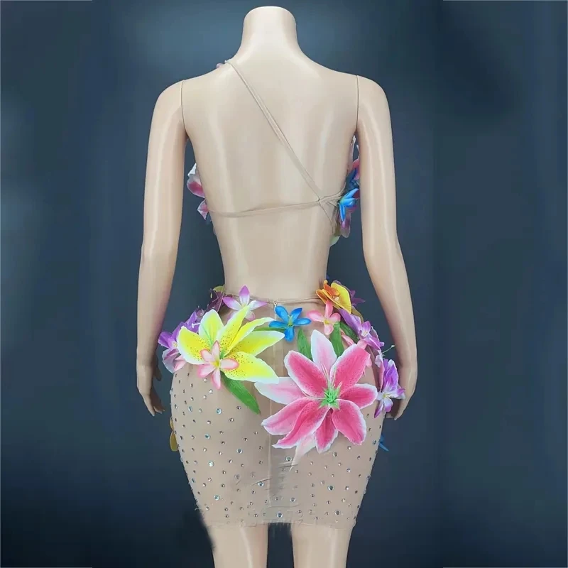 Vestido de flores Sexy con diamantes de imitación, vestido de noche con cintura hueca, actuación, espectáculo de danza, traje de celebración de cumpleaños