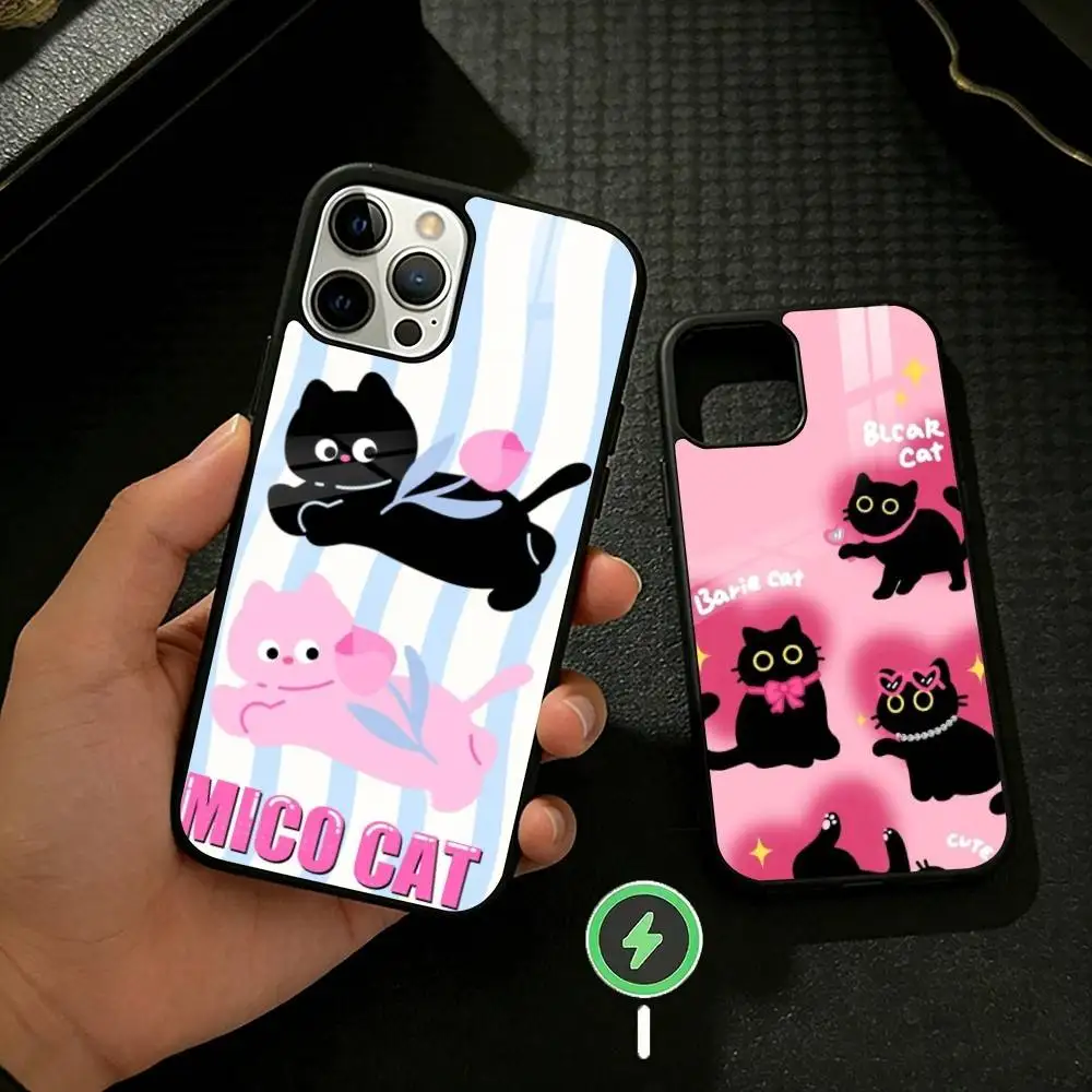 

C-Cute B-Black C-cat Phone Case For iPhone 17 16 15 14 13 12 Pro Max Plus for Mirror Wireless Magnetic Cover