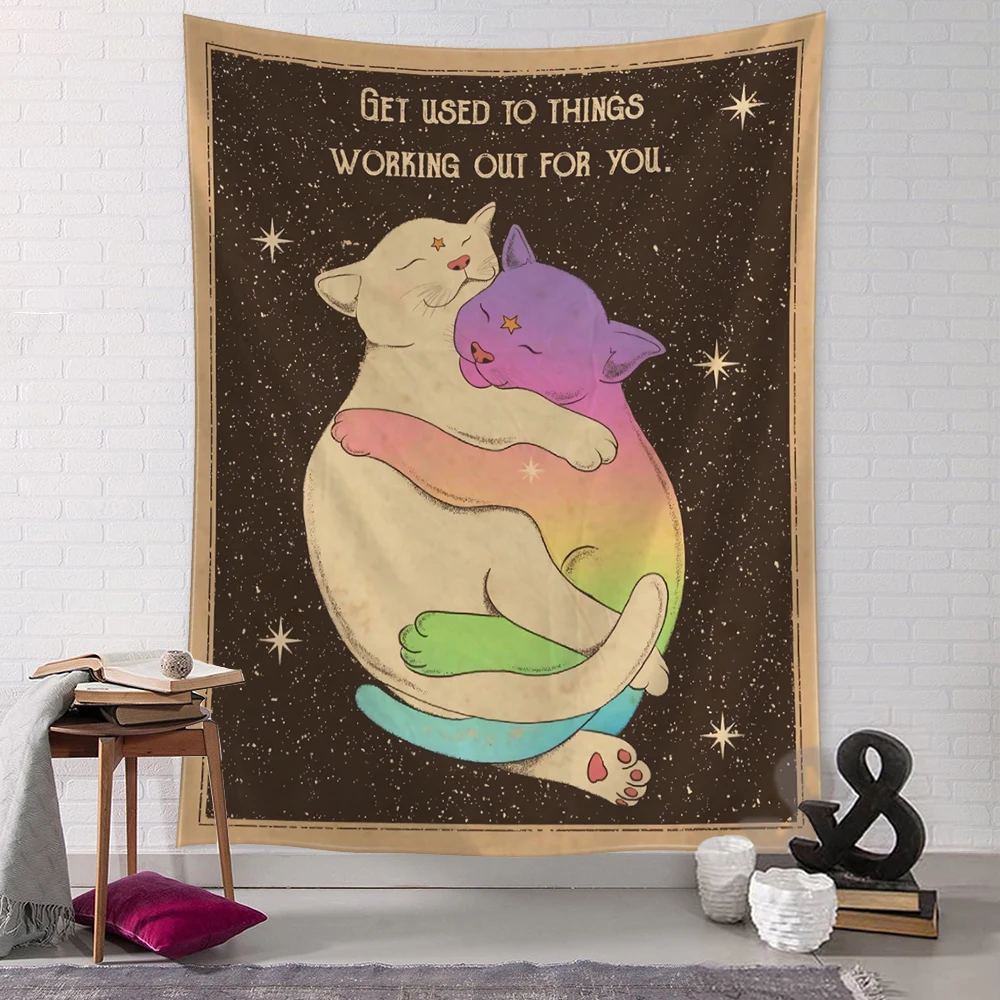 Kawaii Comics Cute Wall Hanging Tapestry Art Cartoon Cat Aesthetics Room Bedroom Living Room Home Decor