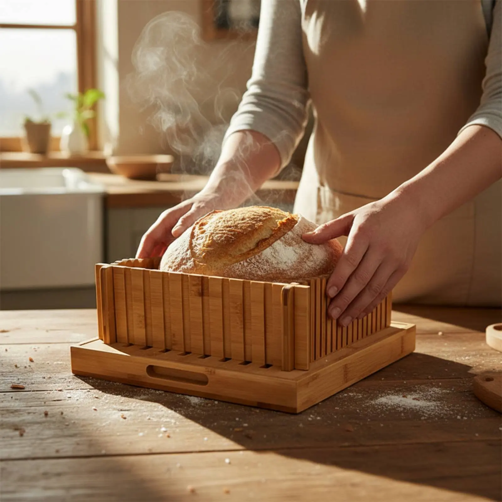 

Bamboo Bread Cutter Stable Cutting Slots Bread Slicing Board with Tray Bamboo Toast Cutter Easy to Clean Kitchen Tool for Home