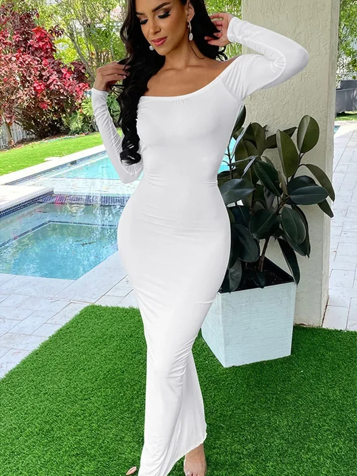 knee length dresses for ladies Modal Plunge Neck Long Sleeve Maxi Dress in White - XL