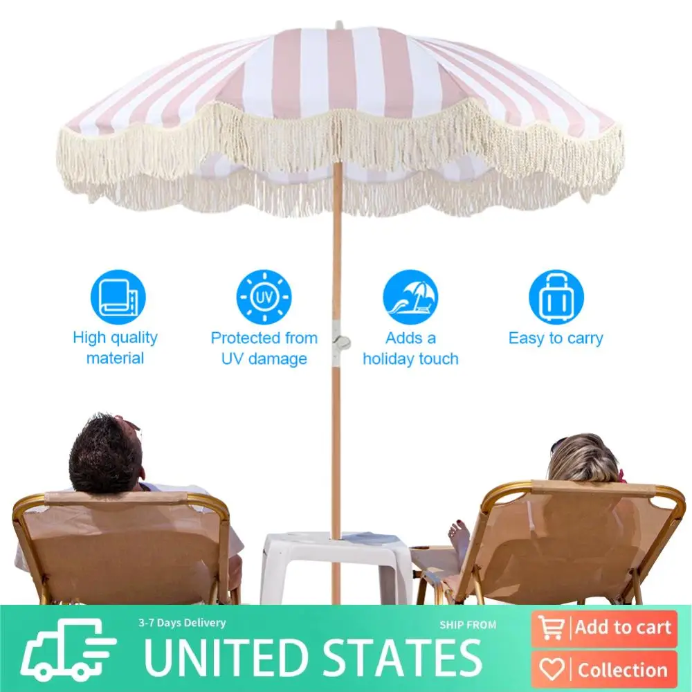 

Striped Patio Umbrella with Fringe Beach Umbrella with Tilt Pole Sun Shelter for Balcony Terrace Swimming Pool Beach Garden