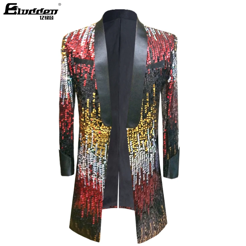 Male Shawl Lapel Gradient Colorful Sequins Long Suit Blazer Men laser tinsel Sequins long Stage singer Costume Shiny trench coat