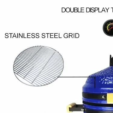16 Inch Ceramic Charcoal BBQ Grill Deluxe Blue Stone Pattern Kamado Smoker Cooker with Square Tube Stand Frame for Outdoor Garde